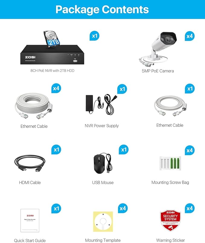 ZOSI 8CH 4K Spotlight Home PoE Security Camera System,8 Ports 16CH 8MP NVR with 2TB HDD,4 x 5MP Outdoor PoE IP Cameras,Person Vehicle Detection,2-Way Audio,Night Vision,Sound Alarm,for 24-7 Recording