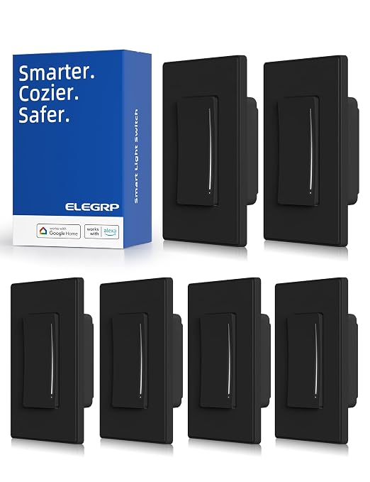 ELEGRP Smart Dimmer Light Switch DTR30, Single Pole or 3 Way, 2.4GHz Wi-Fi Touch Dimmer Compatible with Alexa/Google Assistant, Needs Neutral Wire, No Hub Required, UL Listed, Matte Black, 6 Pack
