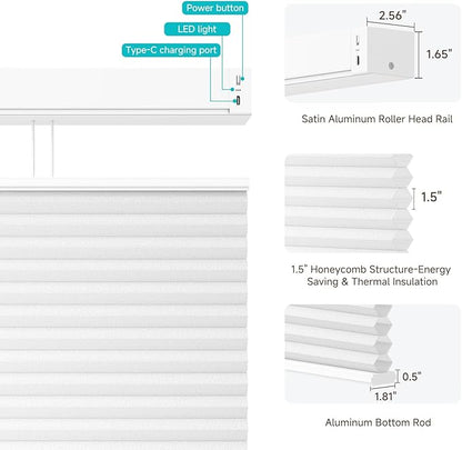 Motorized Top Down Bottom Up Cellular Shades with Remote, Custom Cordless Smart Honeycomb Blinds, Automatic Electric Light Filtering Window Blinds Work with Alexa Google for Home Office, White