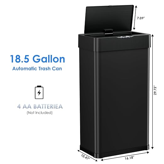 Sensor Trash Can, Touchless Motion Sensor Trash Bin, Smart Automatic Garbage Can with Soft-Close Lid, Bag Retainer Ring and Display Light,for Kitchen,Living Room Office (Black, 18.5 Gal)