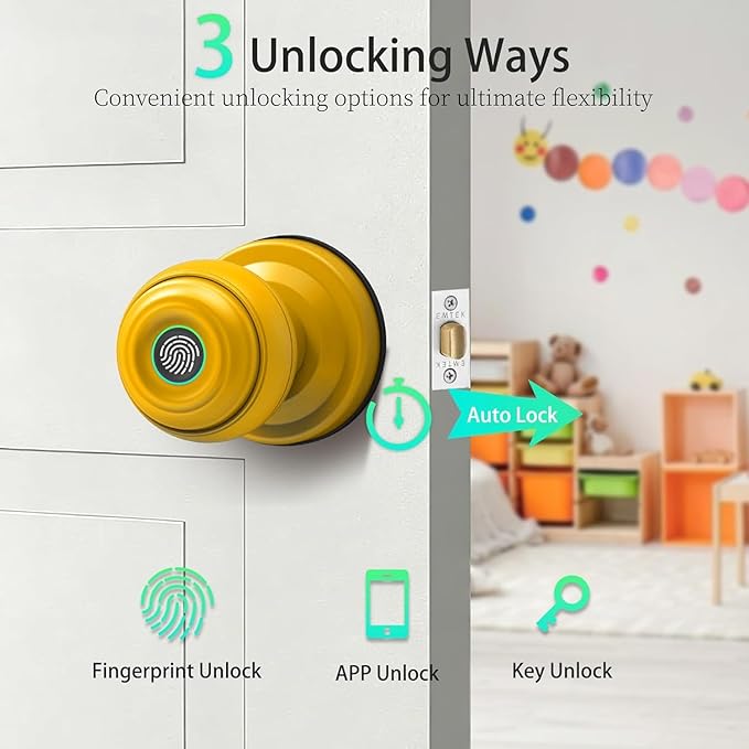 UMIKSMART Fingerprint Door Knob Lock, Smart Keyless Entry Door Knob with Tuya App Control & Auto-Lock, Backup Key, Easy Install for Home, Apartment, Office, Yellow