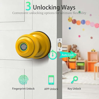UMIKSMART Fingerprint Door Knob Lock, Smart Keyless Entry Door Knob with Tuya App Control & Auto-Lock, Backup Key, Easy Install for Home, Apartment, Office, Yellow