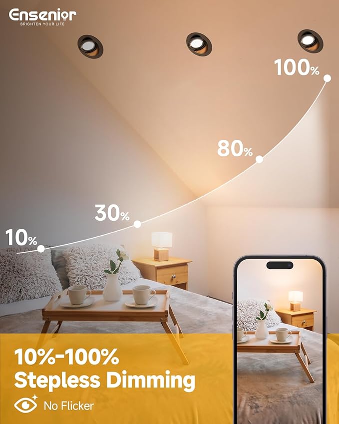 Ensenior 6 Pack 4 inch 5CCT LED Gimbal Led Recessed Light with Junction Box, 360°+90° Adjustable Directional Lighting, Dimmable, CRI90+, 2700K/3000K/3500K/4000K/5000K, 900LM, 10W=85W-ETL&FCC, Black