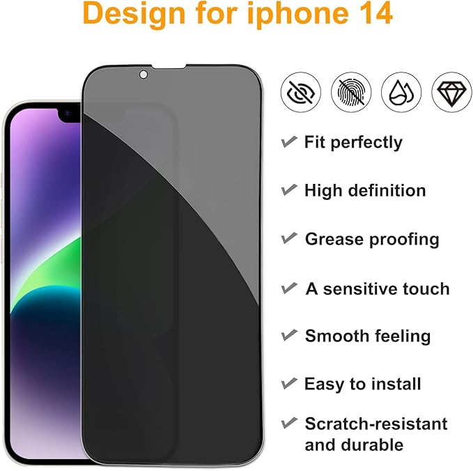 PEHAEL 2+2 Pack for iPhone 14 Privacy Screen Protector with Camera Lens Protector Full Coverage Anti-Spy Tempered Glass Film 9H Hardness Easy Installation Bubble Free [6.1 inch]