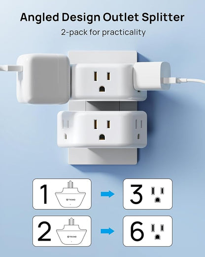 TROND 360 Rotating Plug Outlet Extender for Bathroom, 2 Pack | 3AC Wall Outlet Adapter, No Blocking with 3 Way Angled Design, Small Multiple Plug Splitter for Kitchen Cruise Ship, White