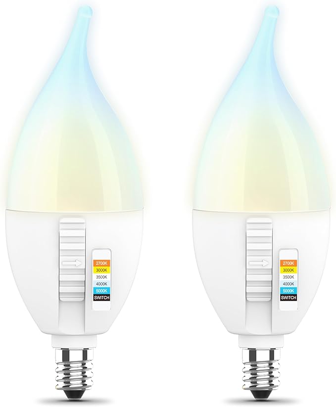 Feit Electric CA10 LED Candle Bulb Flame Tip, 40W Equivalent, Dimmable, Color Selectable 6-Way, 5CCT, E12 Candelabra Base, 90 CRI, 450 Lumens, Chandelier Bulb, 22-Year Life, CFF40/6WYCA/2, 2 Pack