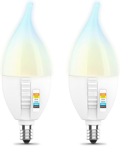 Feit Electric CA10 LED Candle Bulb Flame Tip, 40W Equivalent, Dimmable, Color Selectable 6-Way, 5CCT, E12 Candelabra Base, 90 CRI, 450 Lumens, Chandelier Bulb, 22-Year Life, CFF40/6WYCA/2, 2 Pack