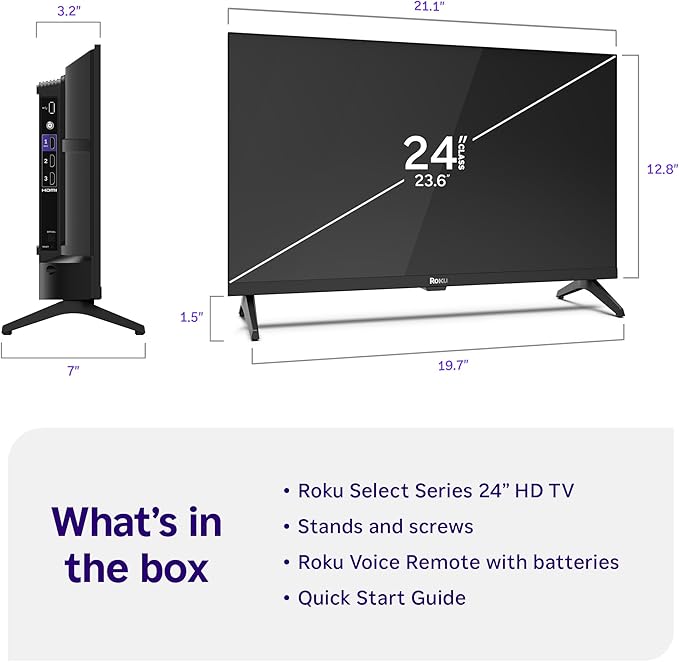 Roku Smart TV – 24-Inch Select Series, 720p HD TV – Roku TV with Voice Remote – Flat Screen LED Television with Wi-Fi for Streaming Live Local News, Sports, Family Entertainment
