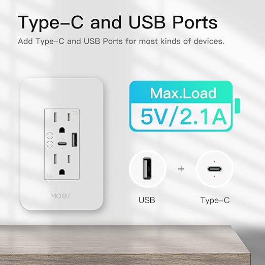 MOES Smart Wall Outlet 2 Pack, with USB C Ports, 2.4GHz WiFi in-Wall Socket Plug, Compatible with Alexa Ggoole Assistant, S