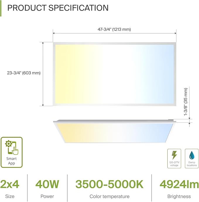 ASD 2 Pack 2x4 Smart LED Flat Panel Light - 40W UL DLC | 4924LM 3500K 4000K 5000K Selectable Dimmable 2x4 LED Drop Ceiling Light Fixture | 2 x 4 Lights WiFi App Controlled Alexa & Google Assistant