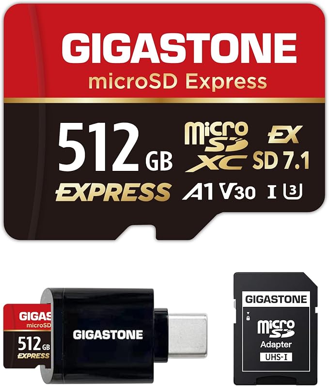 【Designed for Switch 2】 GIGASTONE 512GB microSD Express, R/W 880/650MB/s Compatible with Nintendo-Switch 2, SD 7.1, Professional Camera, A1 V30, with SD Adapter and USB C Card Reader