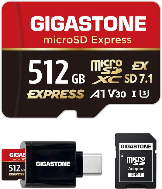 【Designed for Switch 2】 GIGASTONE 512GB microSD Express, R/W 880/650MB/s Compatible with Nintendo-Switch 2, SD 7.1, Professional Camera, A1 V30, with SD Adapter and USB C Card Reader