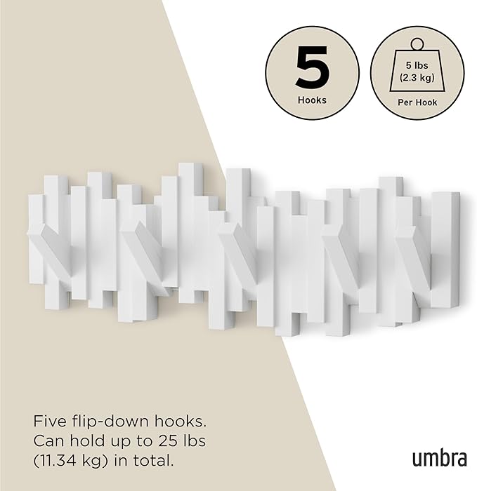 Umbra Sticks Wall Mount Coat Rack, 5 Hook Retractable Pegs, White | Mounting hardware included, sculptural modern design, entryway or bedroom use, recycled plastic