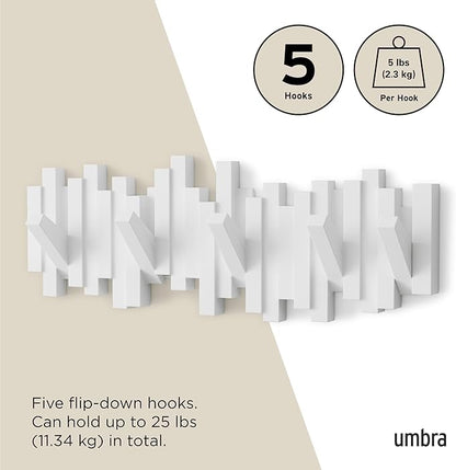 Umbra Sticks Wall Mount Coat Rack, 5 Hook Retractable Pegs, White | Mounting hardware included, sculptural modern design, entryway or bedroom use, recycled plastic