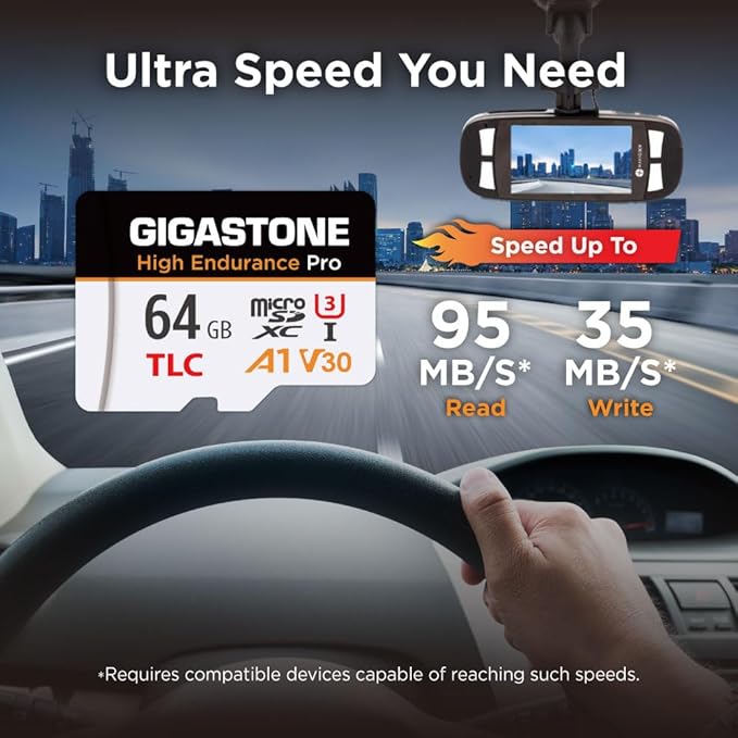 【5 Yrs Free Data Recovery】【Dash Cam】 GIGASTONE 64GB Micro SD Card, TLC High Endurance Pro, Speed Up to 95MB/s, Compatible with REDTIGER Rove VIOFO VANTRUE PRUVEEO ARIFAYZ, MicroSDXC UHS-I A1 V30 U3