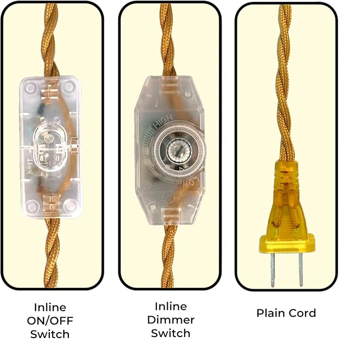 Royal Designs, Inc. 8Ft Twisted Rayon Lamp Cord with NEMA-15P Plug, Rotary Dimmer Switch, Stripped Ends Ready for Wiring, SPT-1 UL Listed, Gold - Pack of 2