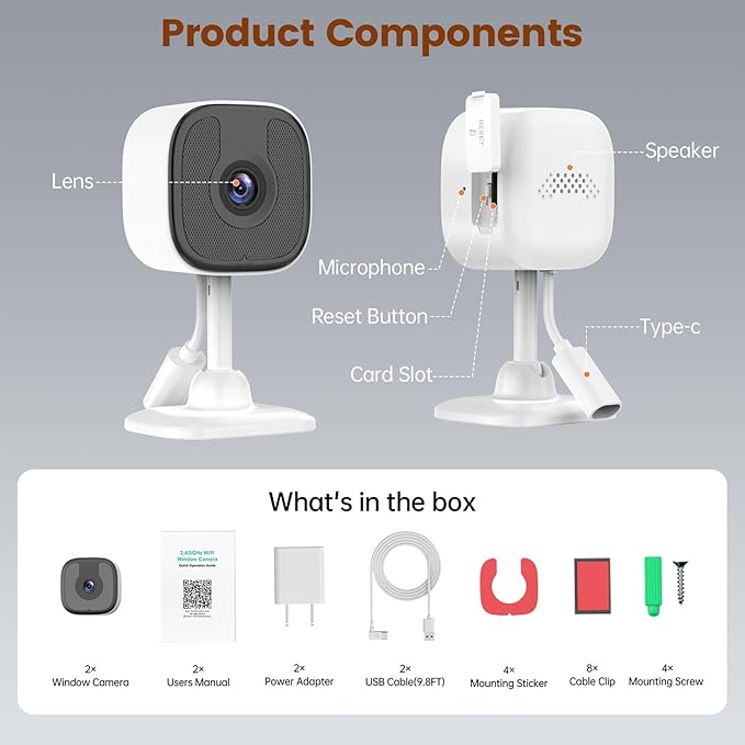 2 Pack 3MP 2K Window Camera，2.4Ghz & 5Ghz WiFi Wireless Indoor & Outdoor Cameras for Home Security with Enhanced Color Night Vision,Mounting Sticker,Person & Motion Detection