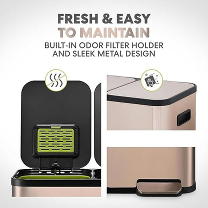 SIMPLI-Magic 60L / 16 Gallon Dual Compartment Kitchen Trash Can - Hands-Free Step Pedal, Soft-Close Lid, Stainless Steel Recycling Bin with Odor Control (30L + 30L)