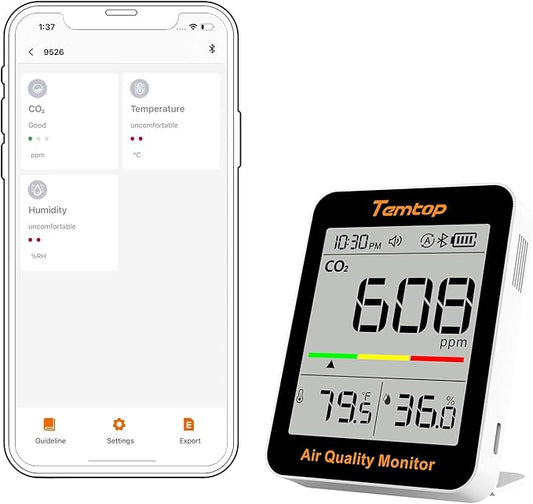 Temtop CO2 Monitor Indoor Air Quality Monitor with BLE App Connectivity, Portable CO2 Meter, CO2, Temperature, Humidity for Home, Office, or School