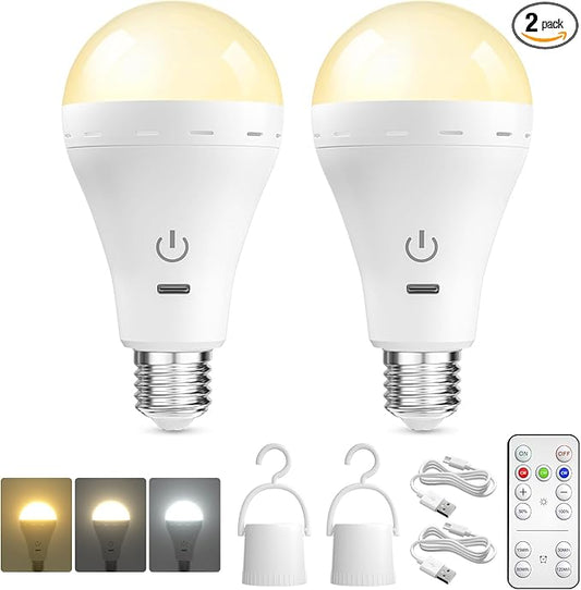 E26 Rechargeable Led Light Bulbs with Remote, 3 Colors Dimmable E26 Battery Operated Light Bulb with Timer, Emergency Rechargeable Light Bulbs, Up to 35 Hours, 2 Packs