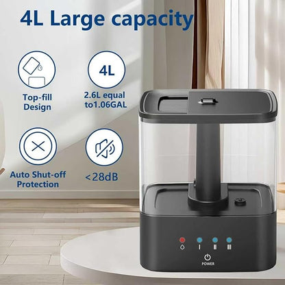 KZF 4L Top Fill Humidifiers for Bedroom & 60H Runtime - Cool Mist Humidifier, 3 Mist Levels, 8H Timer, Essential Oil Tray, Humidity Display, Quiet for Bedroom, Baby, Plants, Large Room (Black, 3.8L)