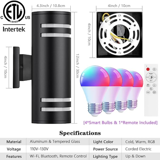 KIZON Smart Porch Lights 2 Pack, Modern Dusk to Dawn Outdoor Wall Lights Color Changing, Dimmable RGB Exterior Sconce Up and Down Light, Outside Lights for House Garage, Compatible with Alexa