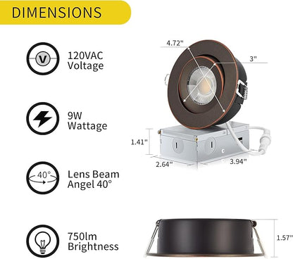 KnLnny Ware Oil Rubbed Bronze Recessed Lighting 4 Inch 6 Pack,Gimbal Led Lights with Junction Box,5CCT Selectable,9W 750LM,Dimmable
