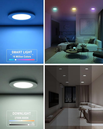 6Pack 6Inch Smart LED RGB Recessed Lighting, Color Changing Canless Downlight, 2700K-6500K, 2.4GHz Wi-Fi & Bluetooth, 12W 1200lm, Works with Tuya App, Alexa & Google Assistant, Gateway Included