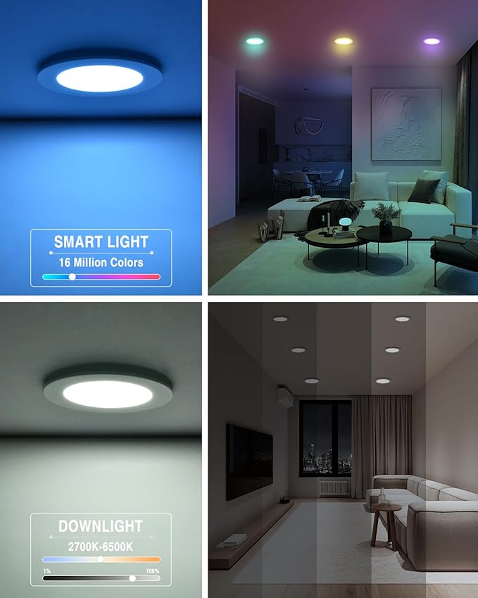 12Pack 6Inch Smart LED RGB Recessed Lighting ,Color Changing Canless Downlight,2700K-6500K, 2.4GHz Wi-Fi & Bluetooth,12W 1200lm,Works with Tuya App,Alexa & Google Assistant,Gateway Included