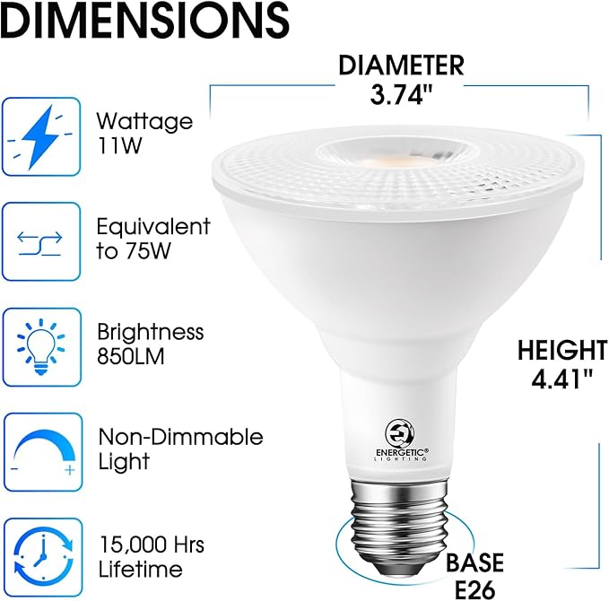 Energetic PAR30 4-Pack Dusk to Dawn LED Outdoor Flood Light Bulb, 850LM, 4000K Cool White, E26 Base, Automatic On/Off Sensor Light Bulb for Porch, Hallway, Garage