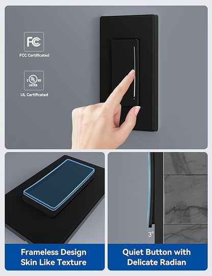 ELEGRP Smart Dimmer Light Switch DTR10, Single Pole Setup, 2.4GHz Wi-Fi Touch Dimmer Compatible with Alexa and Google Assistant, Needs Neutral Wire, No Hub Required, UL Listed, Matte Black, 1 Pack