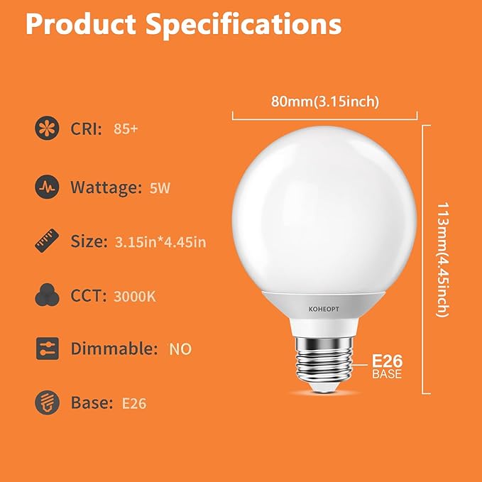 G25 LED Globe Light Bulbs,120V 5W(60W Equivalent), 3000K CRI85+ Warm White Bathroom,E26 Base,Eye-Friendly Vanity Round, Perfect for Vanity Makeup Mirror, Non-Dimmable (2 Pack)