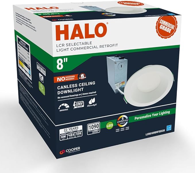 HALO LCR 6 in Regressed Canless LED Recessed Downlight, 42W, 6 Selectable Color Temperatures 2700K-6500K, Dimmable, 3000 Lumens, IC Rated, Wet Location, Matte White - LCR630RD9FSE010