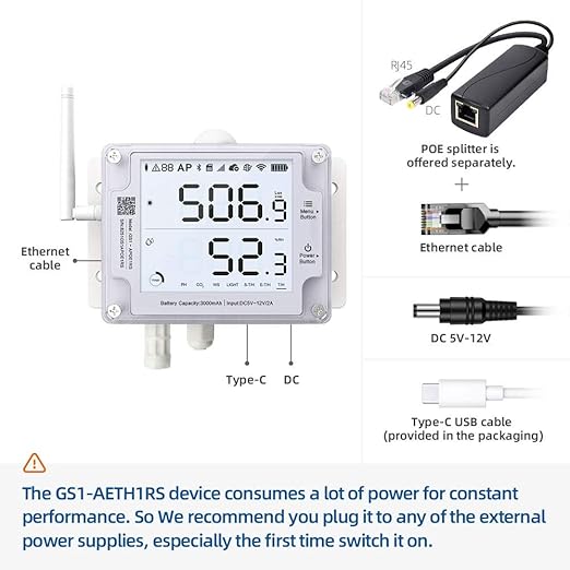 GS1-AETH1RS Ethernet & WiFi Temp/Humidity/Illumination Sensor, Data Logger, External Probe, Scheduled Reports, Multiple Alert, Support Local Deployment (2.4GHz WiFi & Ethernet, No Hub Required)