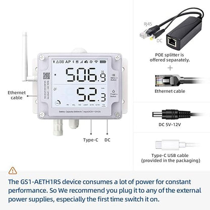 GS1-AETH1RS Ethernet & WiFi Temp/Humidity/Illumination Sensor, Data Logger, External Probe, Scheduled Reports, Multiple Alert, Support Local Deployment (2.4GHz WiFi & Ethernet, No Hub Required)