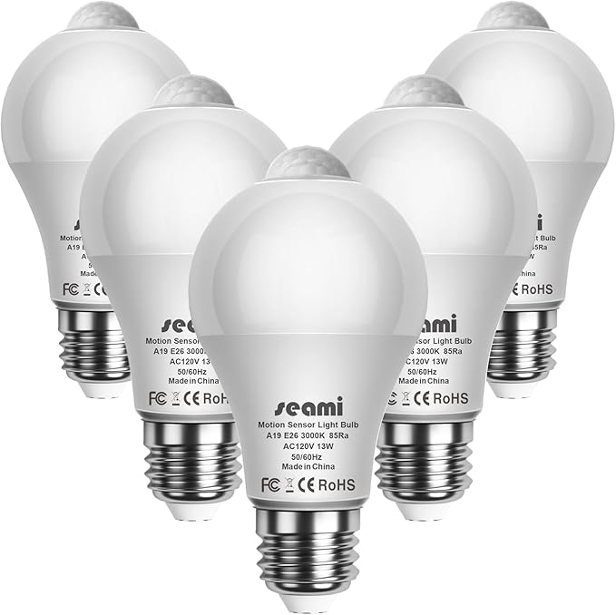 Motion Sensor Light Bulb, Indoor Motion Activation Detector Light Bulb, Dusk to Dawn Security Night Light A19 E26 13W Equivalent 100W 3000K Warm White, 5 Packs (A19PIRX301)