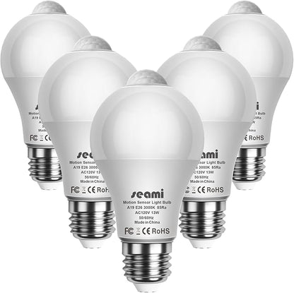 Motion Sensor Light Bulb, Indoor Motion Activation Detector Light Bulb, Dusk to Dawn Security Night Light A19 E26 13W Equivalent 100W 3000K Warm White, 5 Packs (A19PIRX301)