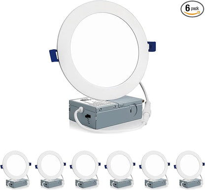 Meconard 6 Pack 6 Inch Ultra-Thin LED Recessed Ceiling Light, 3000K/4000K/5000K Selectable, Dimmable 12W=110W, 1050LM, IC Rated Can-Killer Downlights with Junction Box, ETL and Energy Star Listed
