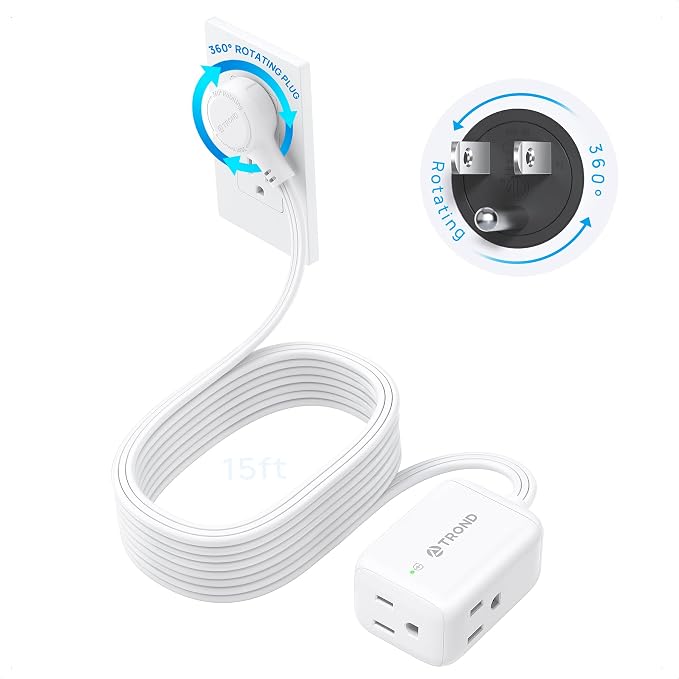 TROND Rotating Flat Plug Extension Cord Surge Protector 15ft, 3 AC, White