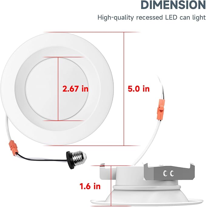 ECOELER 4Inch LED Recessed Dwonlight, 5CCT Selectable Retrofit Can Lights, 10.5W, 800LM, Damp Rated, Dimmable Recessed Ceiling Light for Kitchen, Storage Room, ETL & FCC Listed