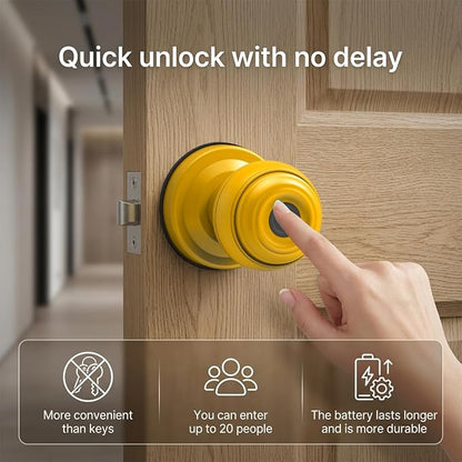 Smart Fingerprint Door Lock Knob, Tuya App Keyless Entry, Yellow | Biometric Handle, Auto Lock, Remote Access, Backup Key, Easy Installation