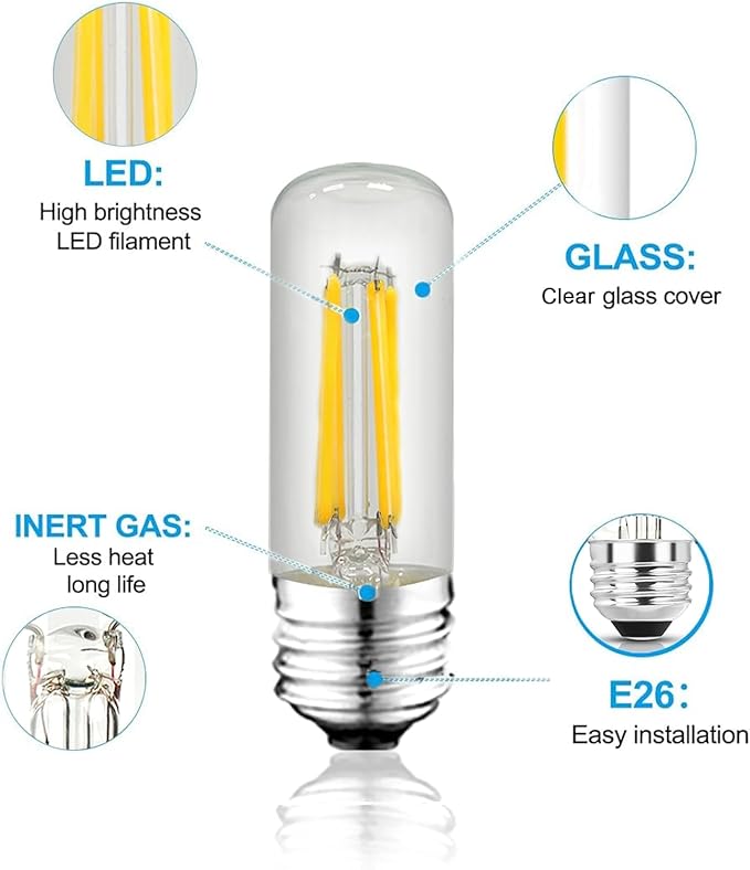 3.2 Inch 4000K Neutral White E26 LED Bulb 60 Watt Equal, AC 120V 600LM Edison Bulbs Dimmable, 6W T10 Tubular Filament Light Bulbs Clear Glass for Fan Pendant Wall Light, UL Certified-6 Pack