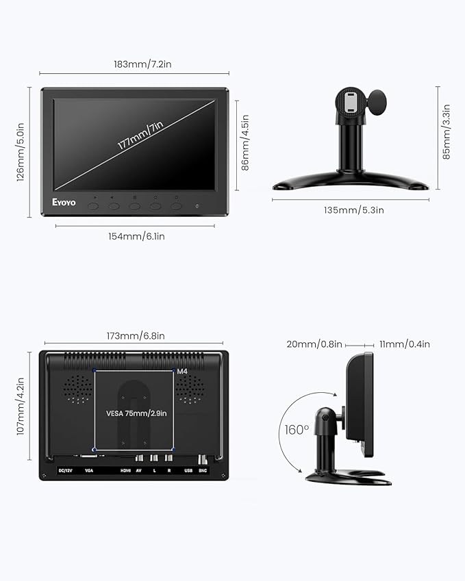 Eyoyo Mini Monitor 7 Inch Small HDMI Monitor 1024x600 IPS Screen Display HDMI AV VGA BNC USB Input for NVR CCTV Security Camera Computer PC Laptop Video Switcher Raspbery Pi
