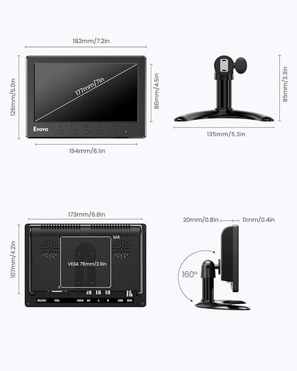 Eyoyo Mini Monitor 7 Inch Small HDMI Monitor 1024x600 IPS Screen Display HDMI AV VGA BNC USB Input for NVR CCTV Security Camera Computer PC Laptop Video Switcher Raspbery Pi