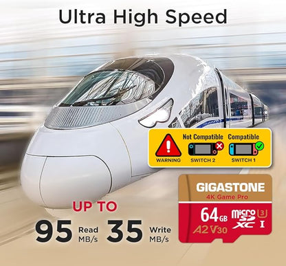 【for Switch 1 Only】 GIGASTONE 64GB Micro SD Card 5-Pack, 4K Game Pro, MicroSDXC Memory Card for Gaming Console, UHD Video, up to 95/35MB/s, UHS-I U3 A2 V30 C10【5-Years Data Recovery】