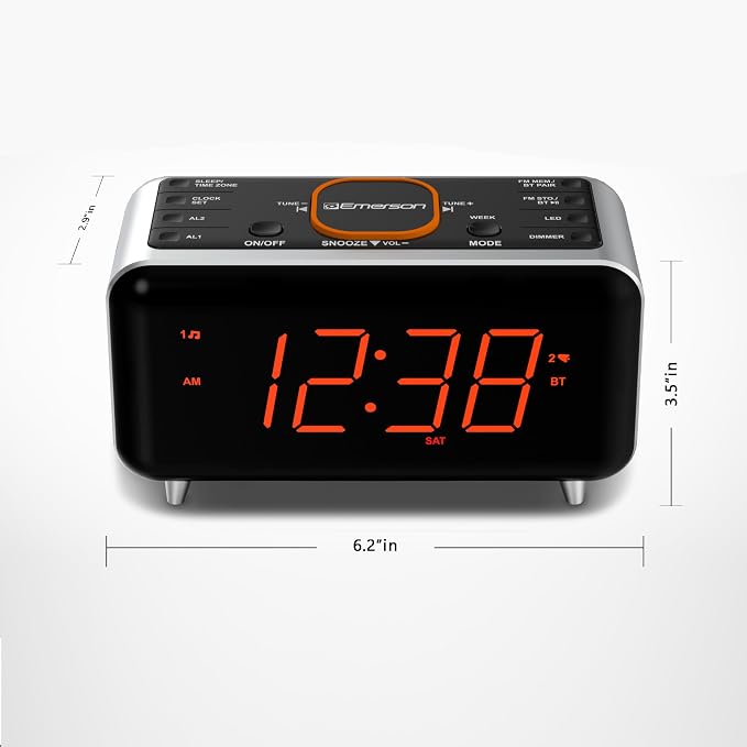 Emerson CKS1521 SmartSet Bluetooth Dual Alarm Clock Radio with 1.4” Orange LED Display, USB Charger, FM Radio, AUX Input, Auto-Dimmer, and Orange Accent Light