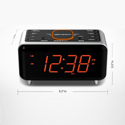 Emerson CKS1521 SmartSet Bluetooth Dual Alarm Clock Radio with 1.4” Orange LED Display, USB Charger, FM Radio, AUX Input, Auto-Dimmer, and Orange Accent Light