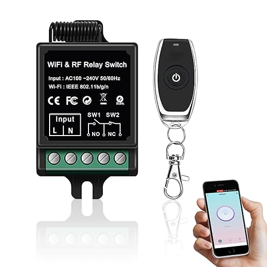 Smart Dry Contact Switch, AC Wireless Relay with RF Remote (165ft) & Tuya App, NO/NC 8A/250VAC & 8A/30VDC - for Garage Door,Lights, Alexa/Google Home Compatible (smart Switch)