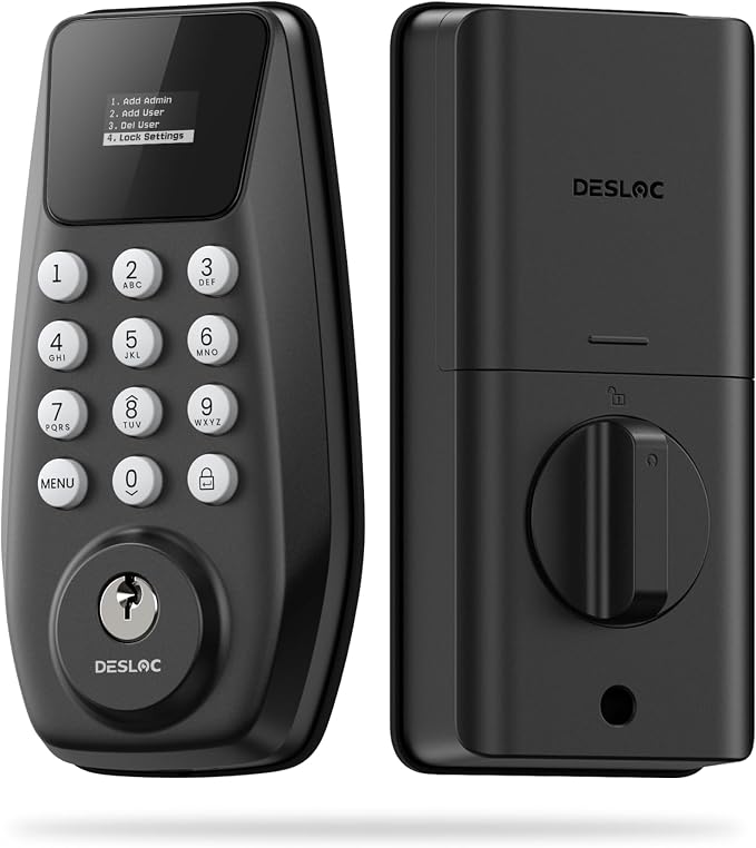 DESLOC C100 Keyless Entry Door Lock with Visual Display, Auto Lock | Create 100 Customizable User Codes and 4 One-Time Codes, 12-Month Battery, IP54, Easy Installation, BHMA Grade 3, Black