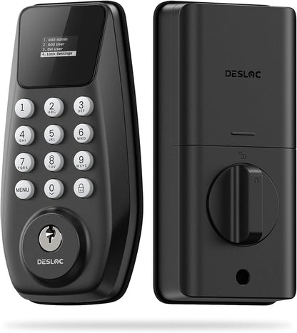 DESLOC C100 Keyless Entry Door Lock with Visual Display, Auto Lock | Create 100 Customizable User Codes and 4 One-Time Codes, 12-Month Battery, IP54, Easy Installation, BHMA Grade 3, Black